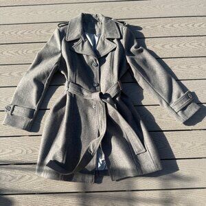 Calvin Klein Womens Trench Coat Wool Blend Gray  Belted Size Large